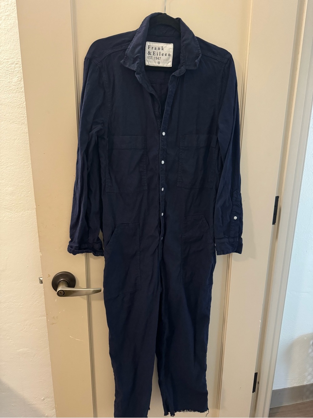 Frank & Eileen Navy Button-Front Utility Shirt Jumpsuit Medium